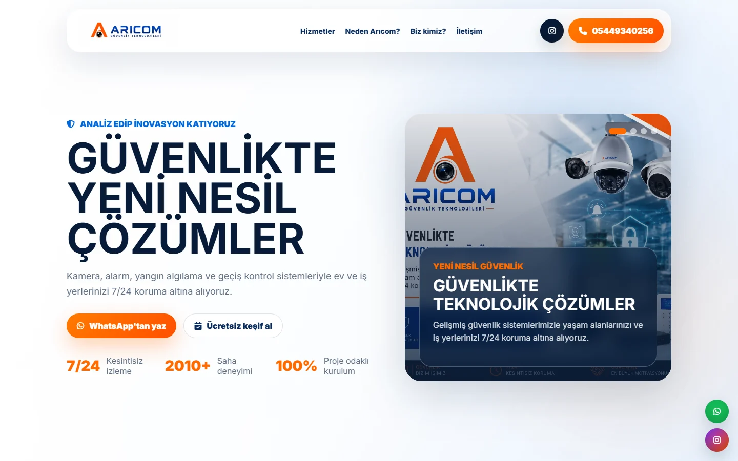 Aricom Güvenlik web sitesi, masaüstü görünümü