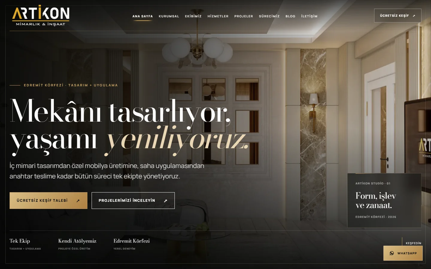 Artikon Mimarlık web sitesi, masaüstü görünümü