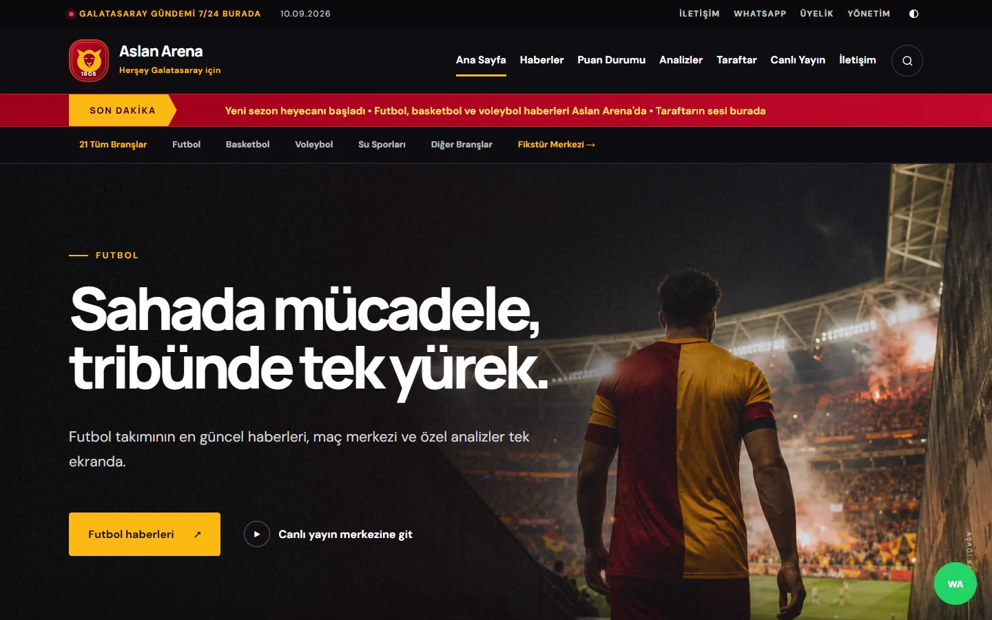 Galatasaray News web sitesi, masaüstü görünümü