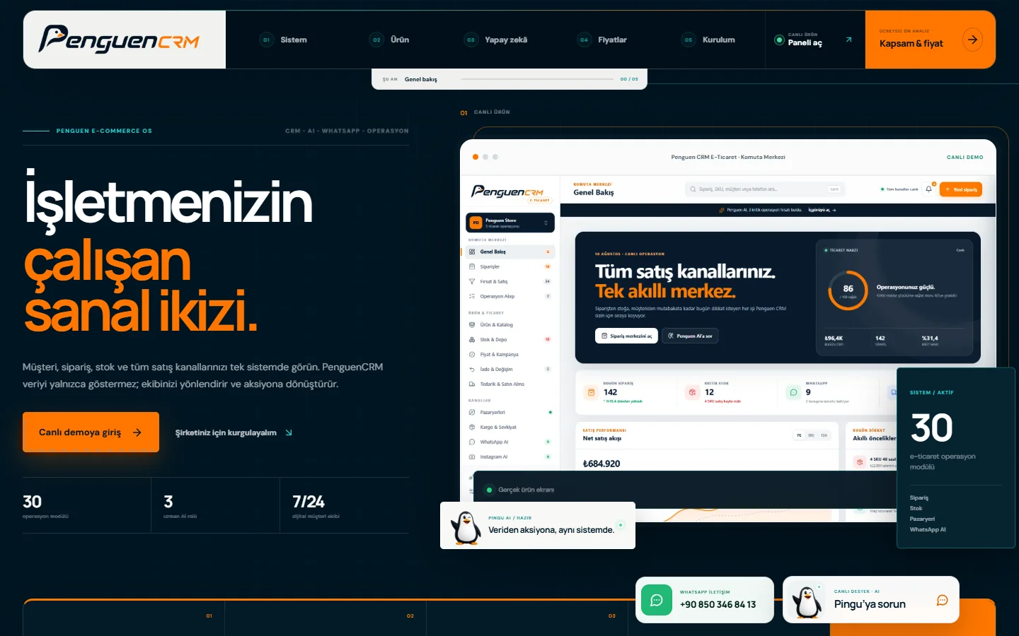 Penguen CRM web sitesi, masaüstü görünümü