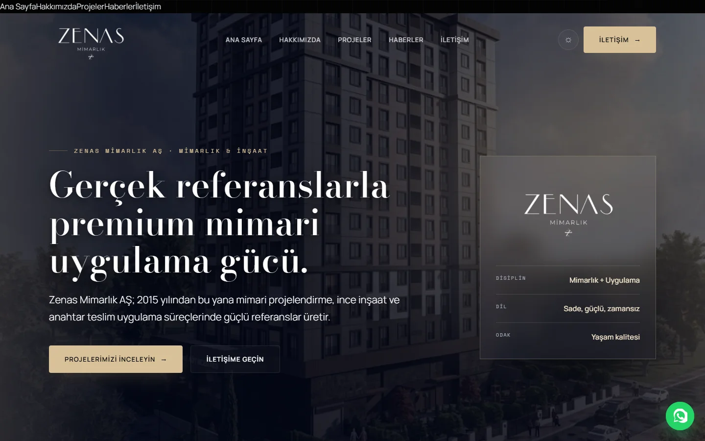 Zenas Mimarlık web sitesi, masaüstü görünümü