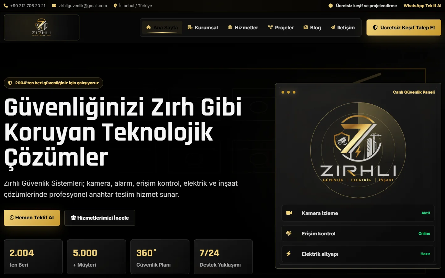 Zırhlı Güvenlik web sitesi, masaüstü görünümü